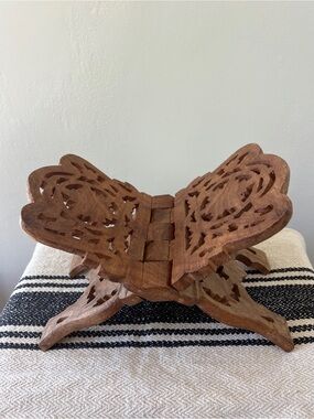 Vintage hand carved wood folding collapsible book stand cookbook holder